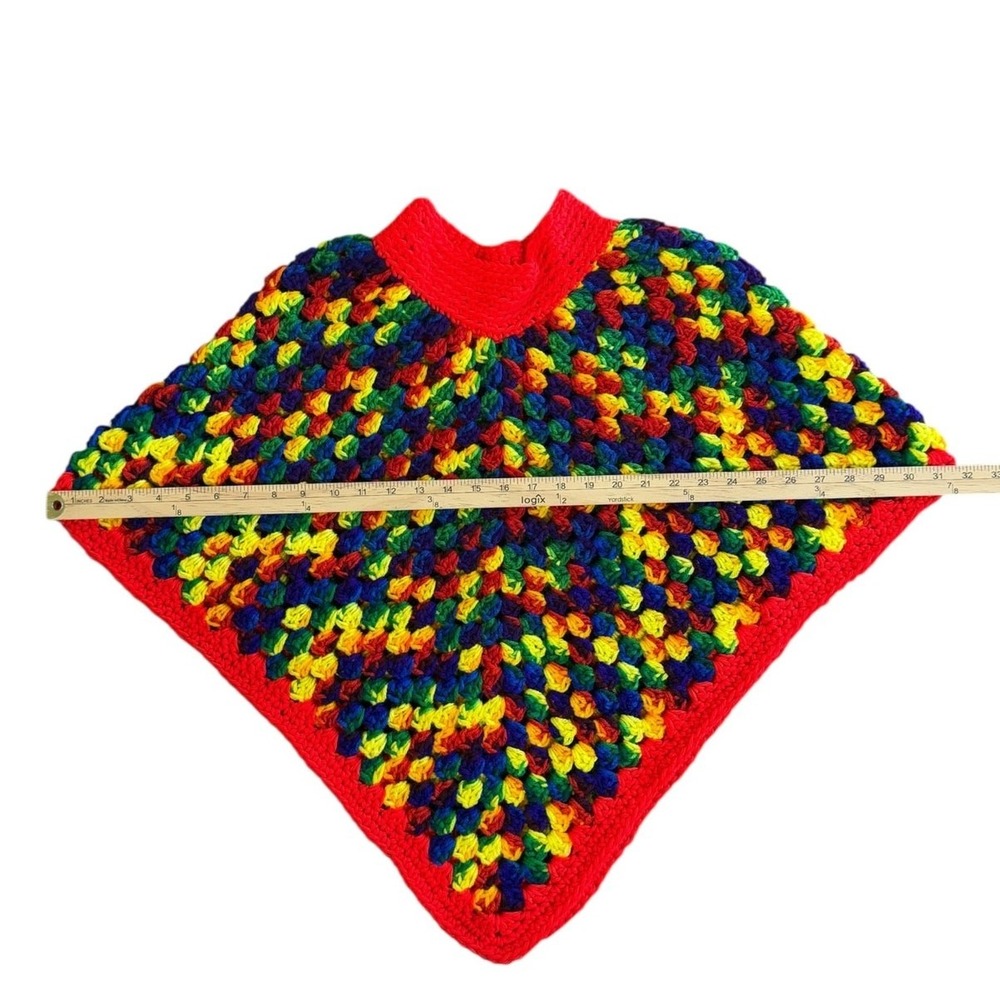 Vintage 70s Crochet Poncho Kids Rainbow Chunky Knit Boho Handmade Cape - Picture 10 of 10